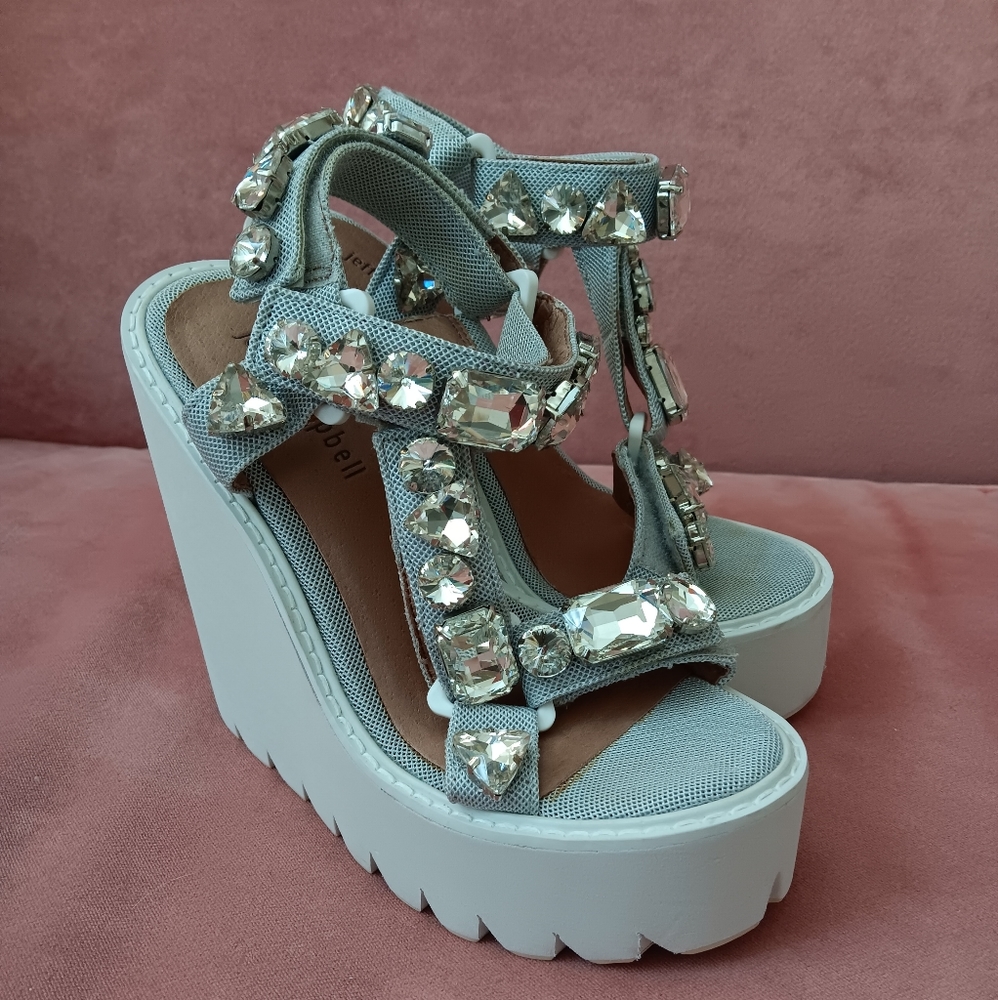 Silver Platform Wedge Sandals with Large Rhinestones